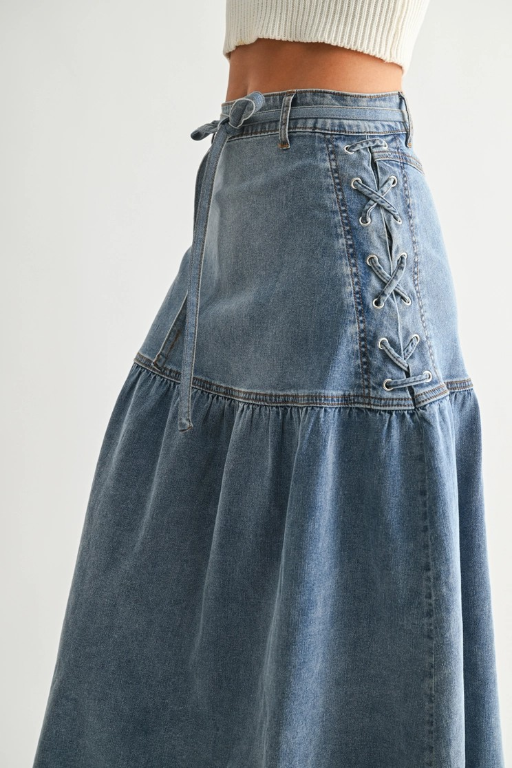 Jessel Denim Lace Up Midi Skirt