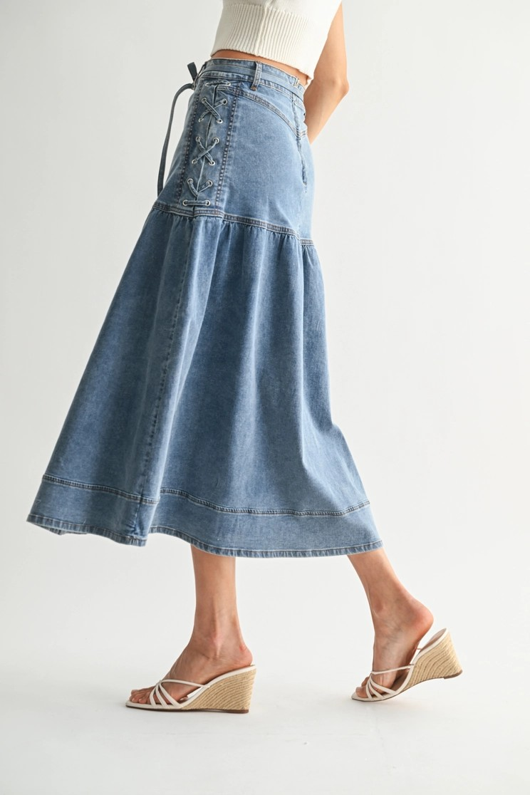 Jessel Denim Lace Up Midi Skirt