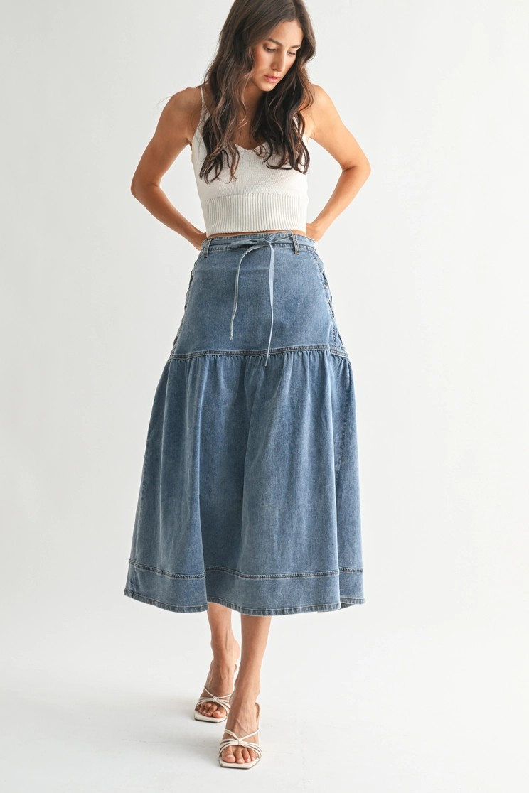 Jessel Denim Lace Up Midi Skirt