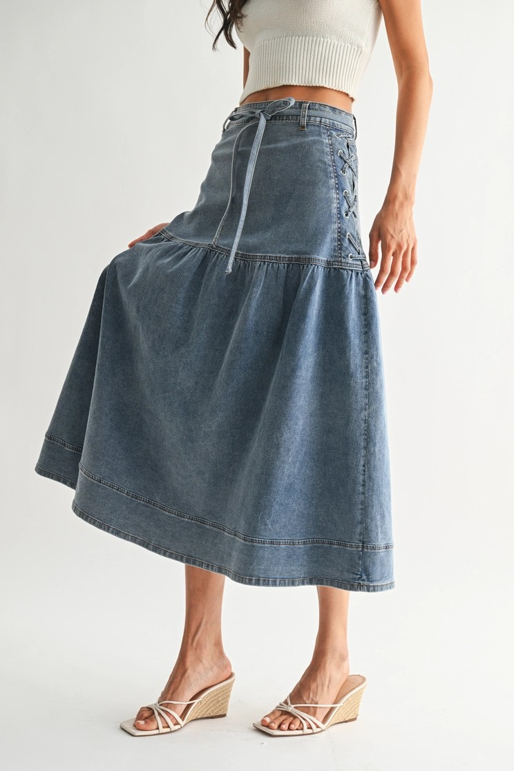 Jessel Denim Lace Up Midi Skirt
